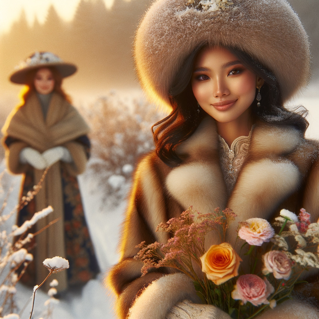 Elegant Women in Winter Landscape with Roses