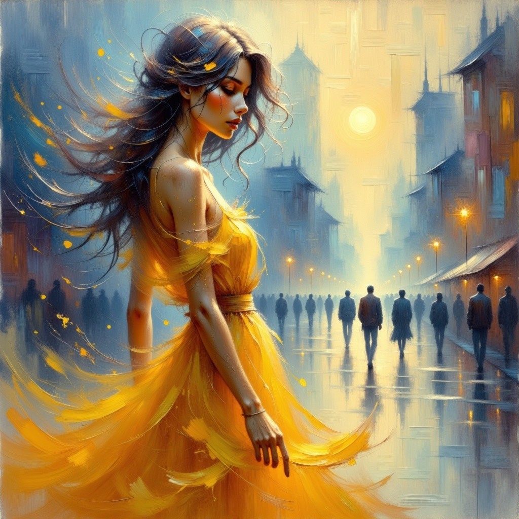 Woman in Yellow Dress on Misty Dusk Street