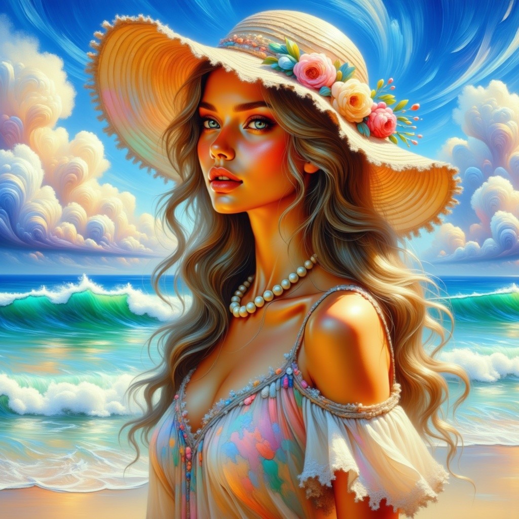 Serene Beach Scene with Thoughtful Young Woman