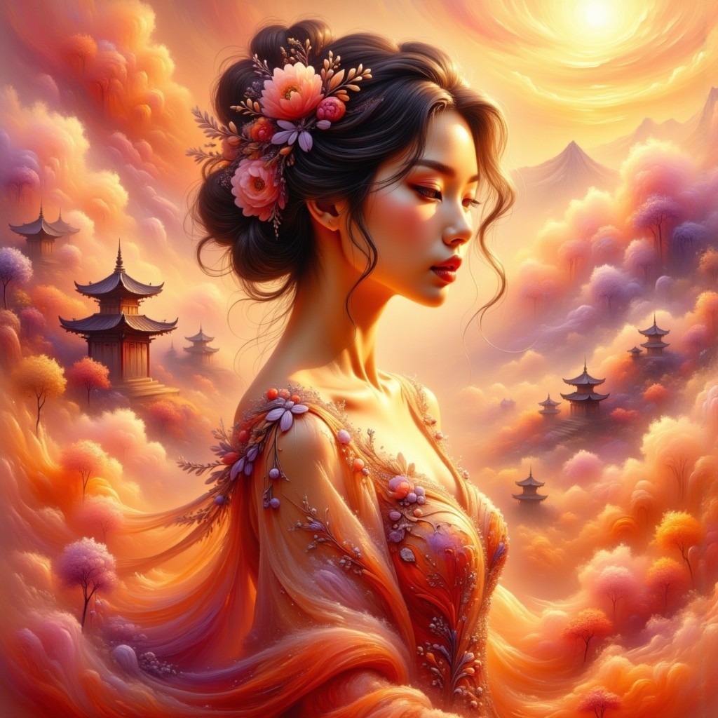 Young Woman in Floral Gown in Dreamy Landscape