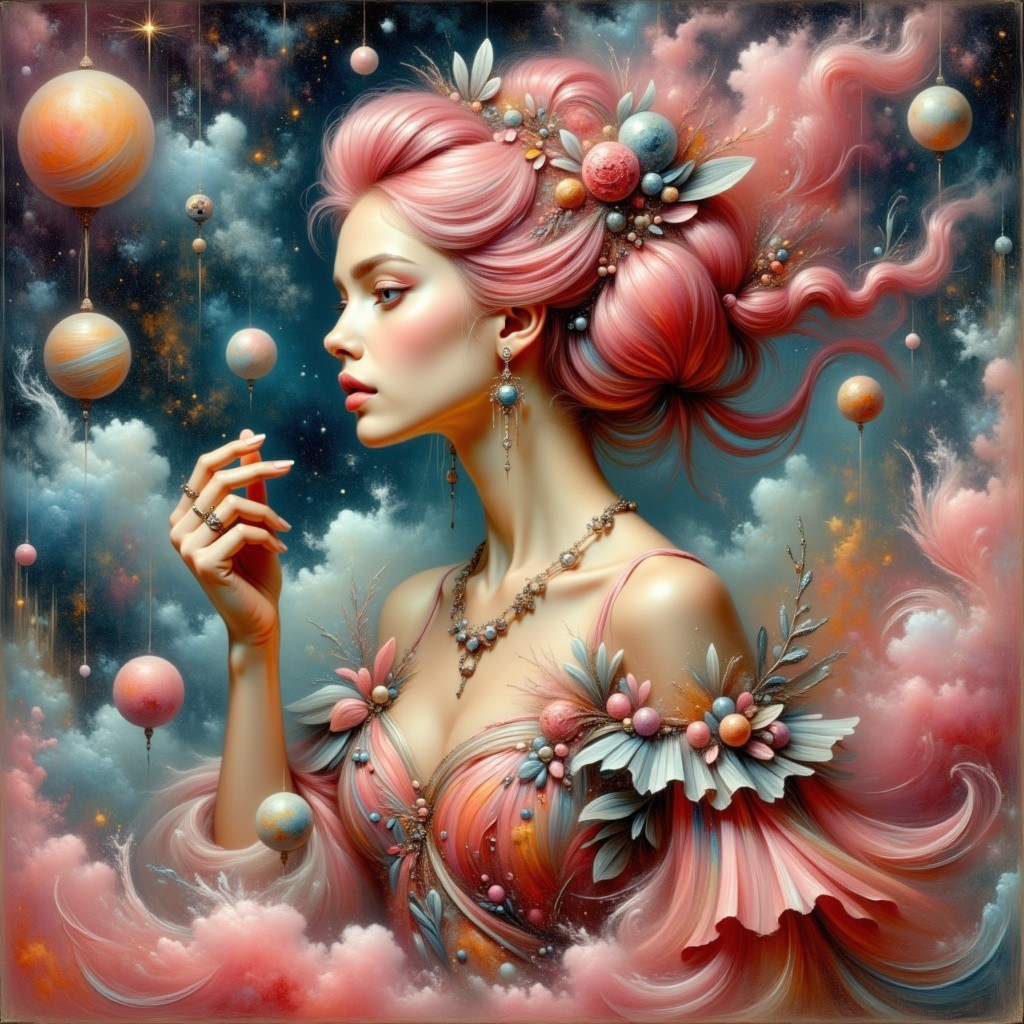 Portrait of a woman with pink hair in a cosmic setting