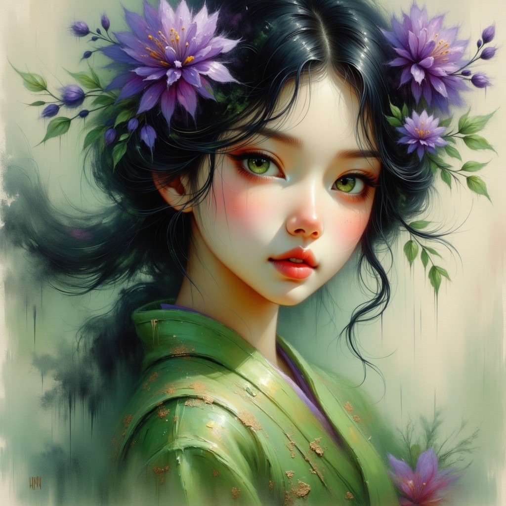 Portrait of a girl in a green kimono with flowers