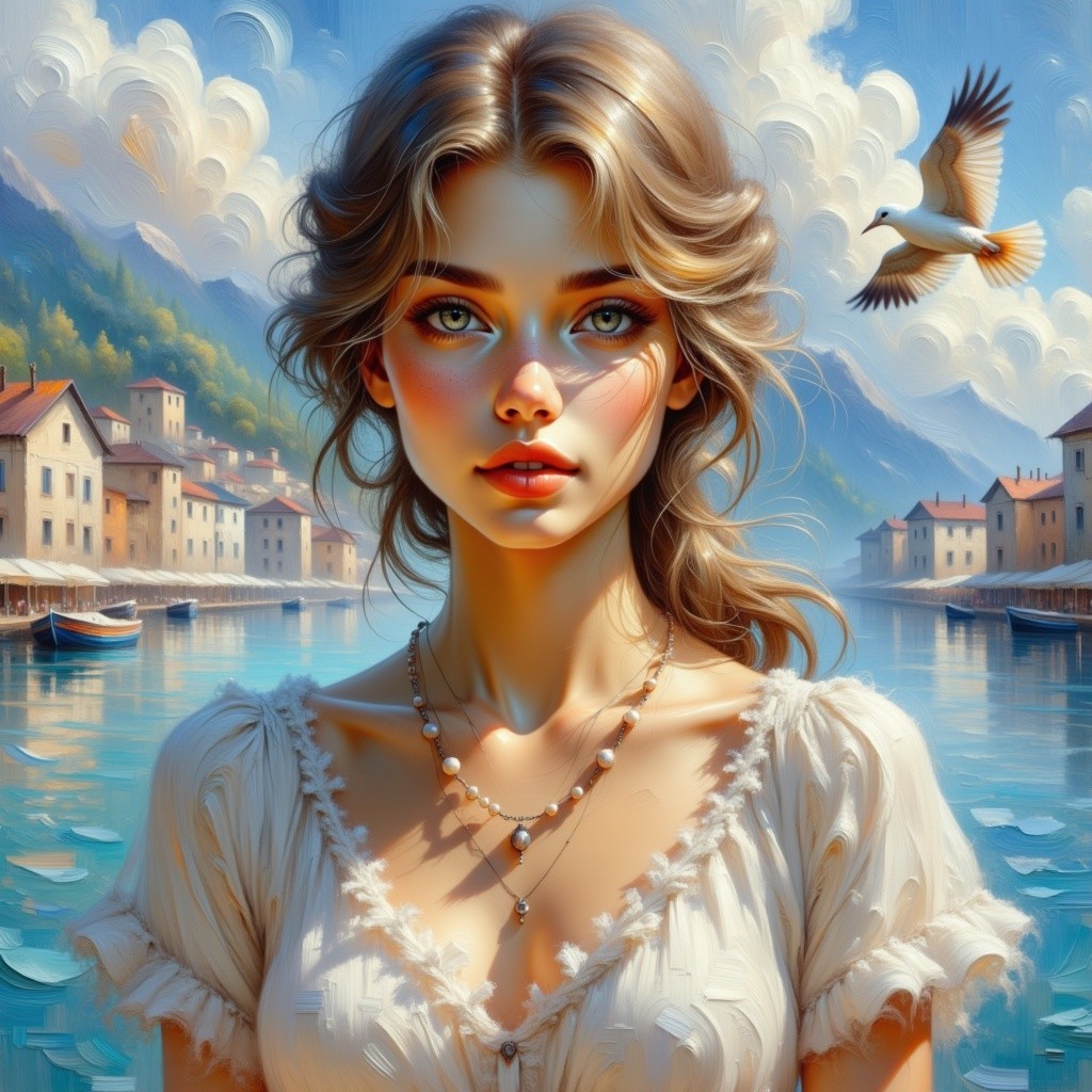 Young Woman by Serene Lake in White Dress
