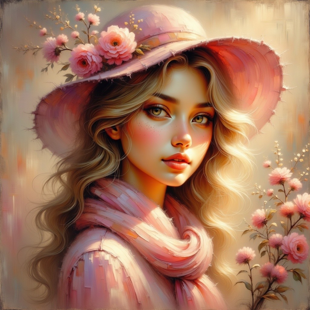 Young woman in pink hat surrounded by blossoms