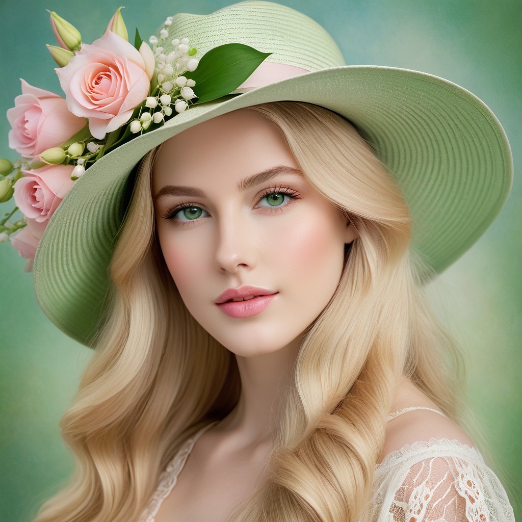 Young woman in pastel green hat with floral accents