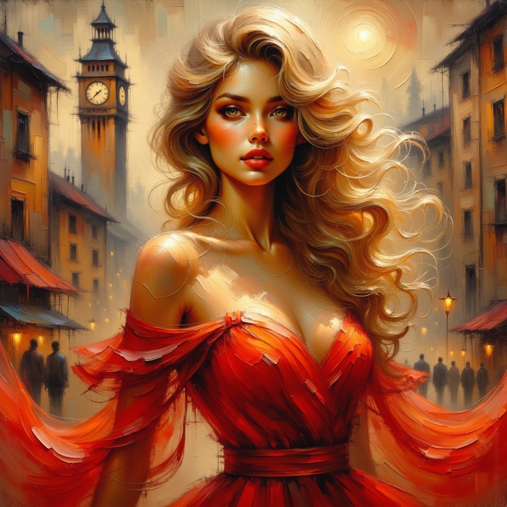 Portrait of a woman in a red gown on a foggy street