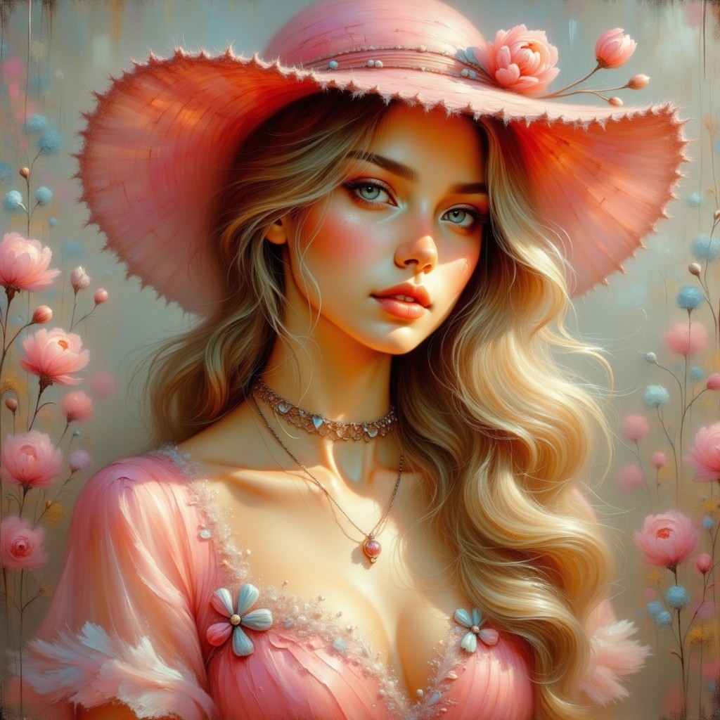 Young woman in pastel pink hat and floral dress