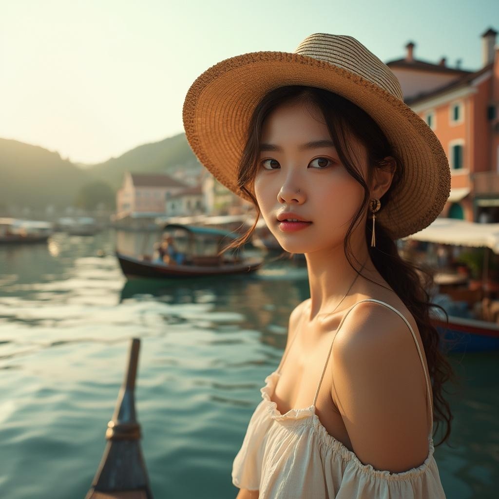 Young Woman by Waterfront with Colorful Reflections