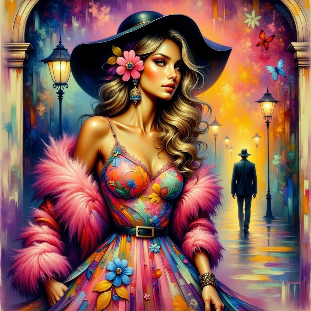 Vibrant Scene with a Woman in Floral Gown and Butterflies