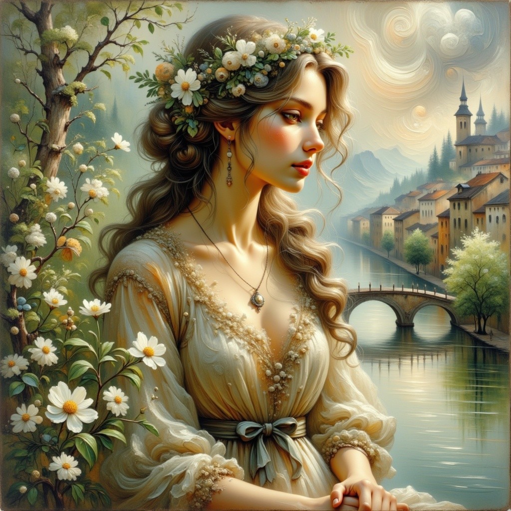 Young Woman in Floral Dress by Serene River Landscape