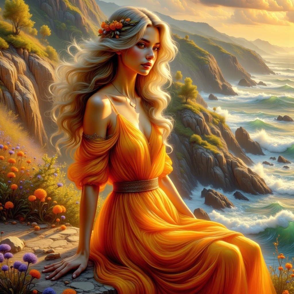 Coastal Landscape with Young Woman in Orange Dress