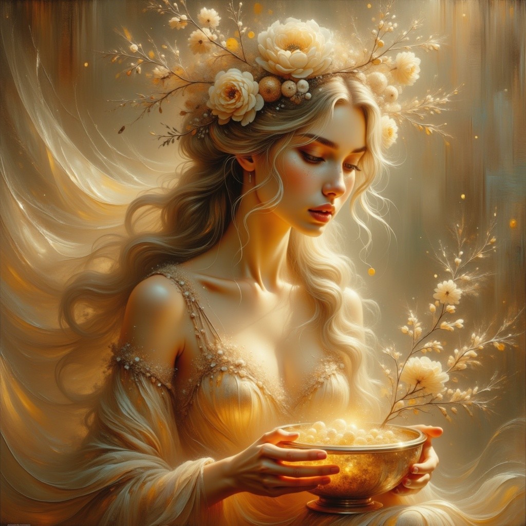 Serene Figure with Floral Crown and Golden Bowl