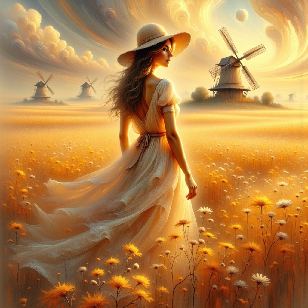 Serene Countryside Scene with Woman in White Dress