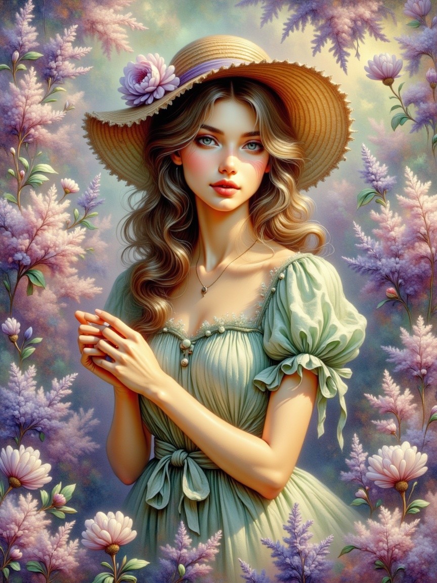 Young Woman in Pastel Green Gown Among Purple Flowers