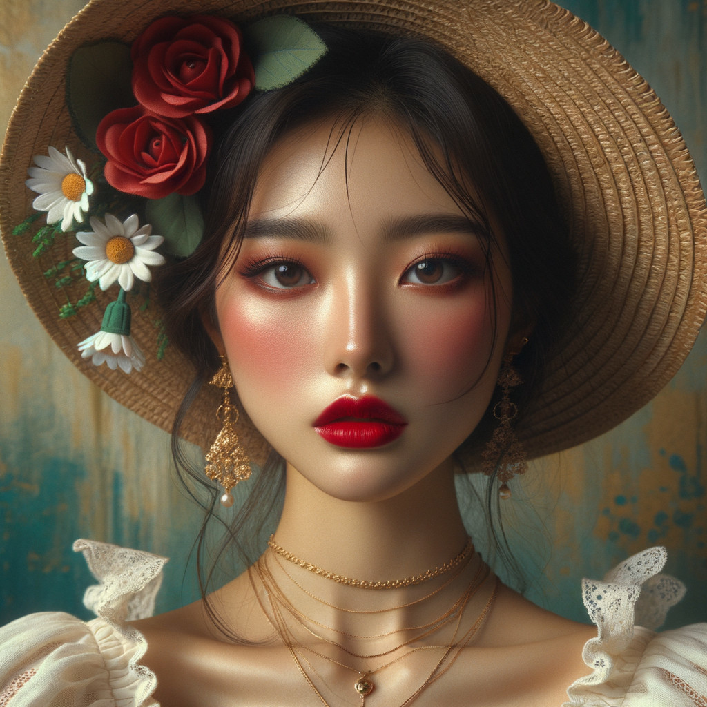 Close-Up Portrait of Woman in Straw Hat with Flowers
