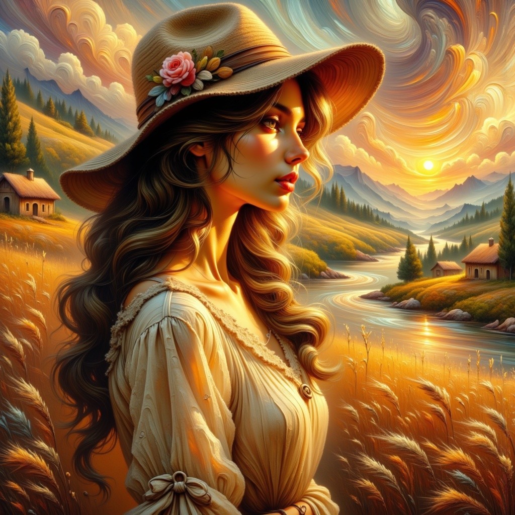 Woman in Vintage Dress in Sunlit Wheat Field