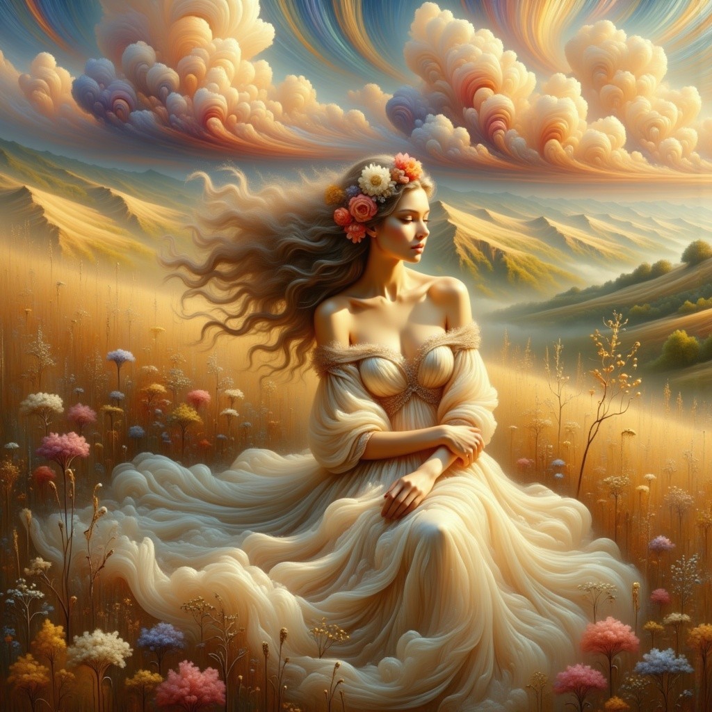 Serene figure in gown amidst vibrant blossoming field