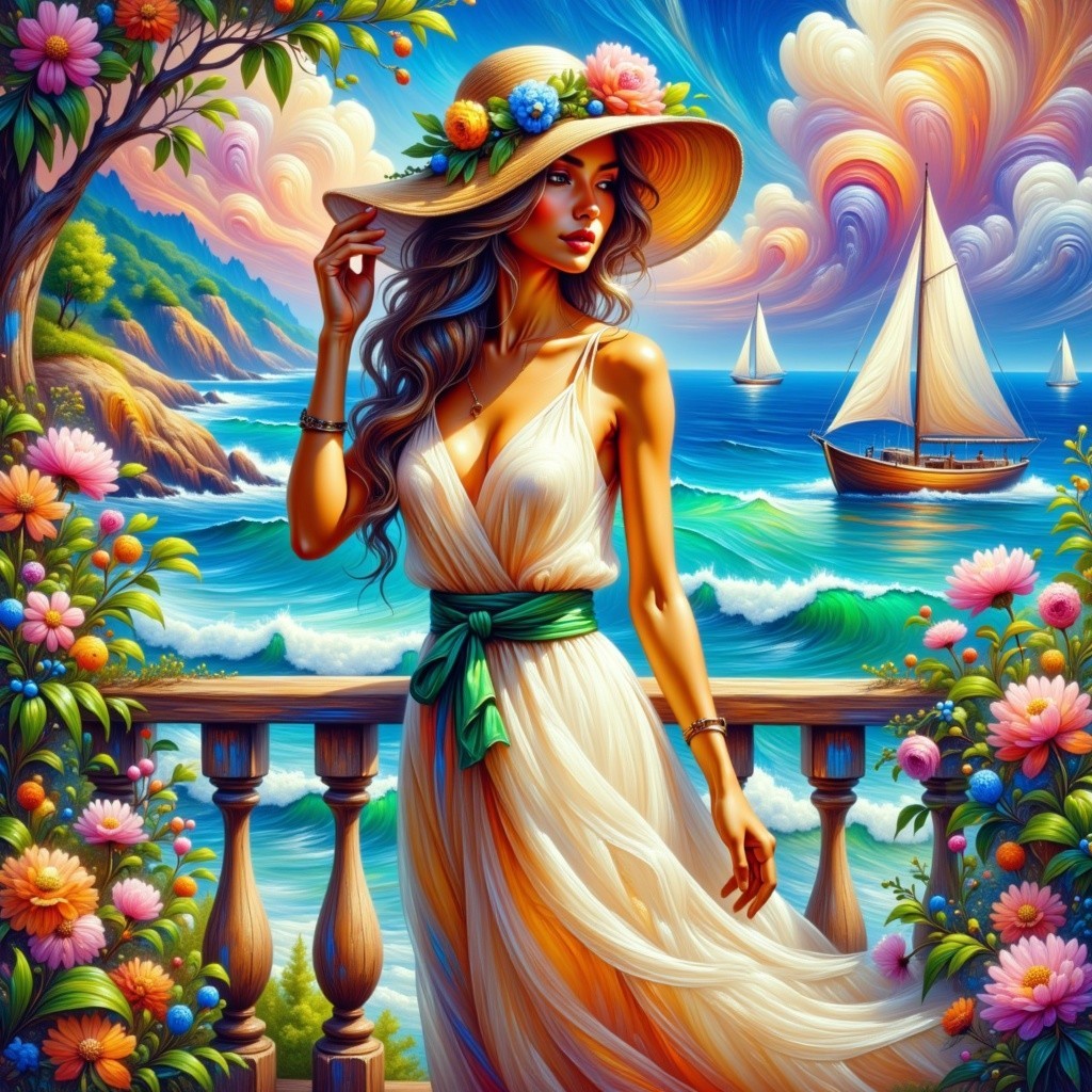 Woman in White Dress on Balcony Overlooking Seaside