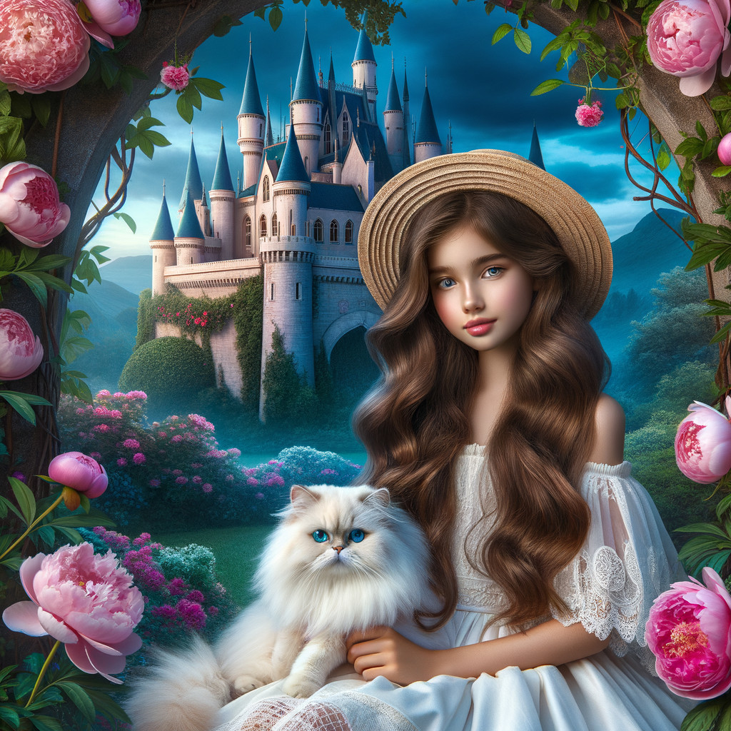 Young girl in white dress with cat near castle