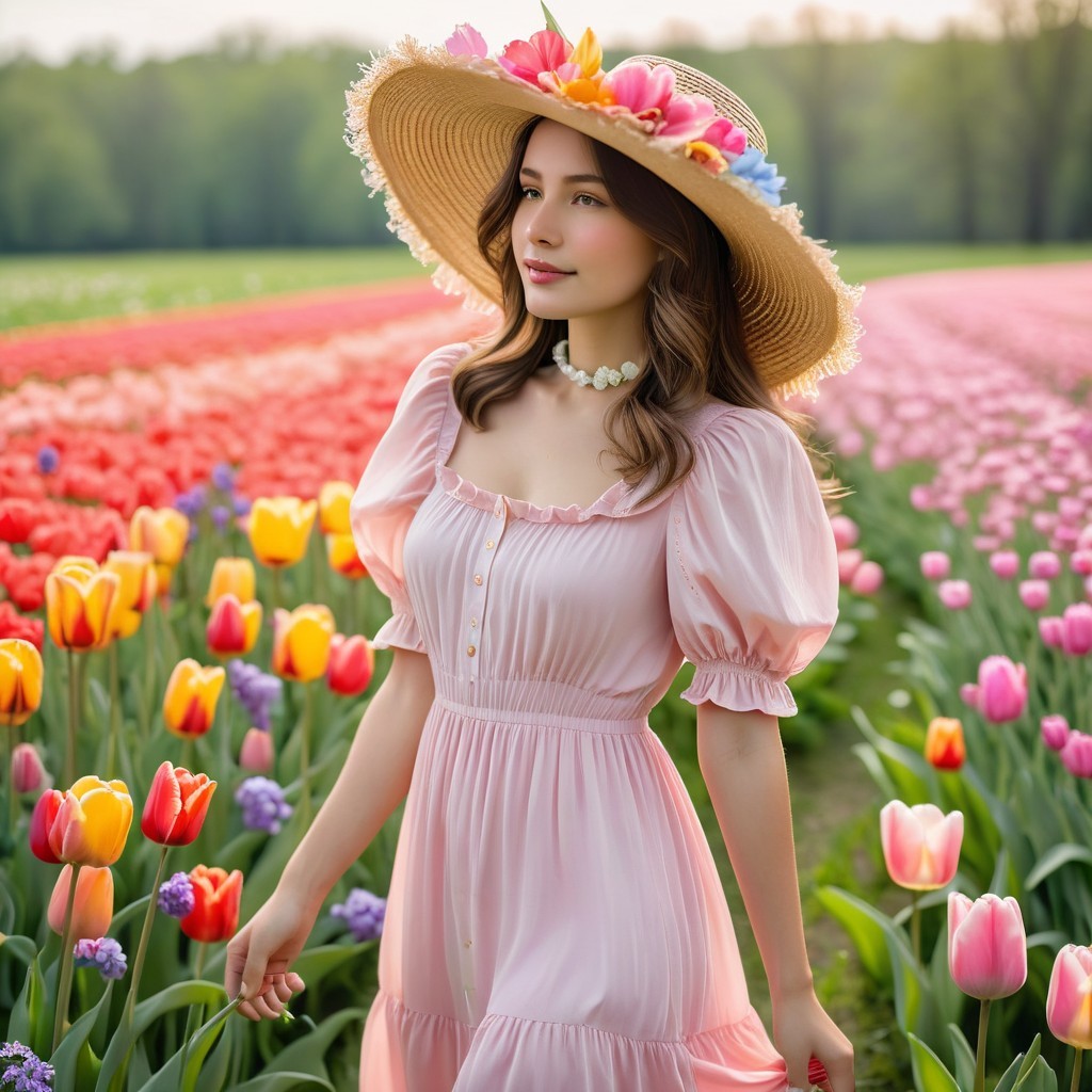 Young Woman in Vibrant Tulip Field with Sunlight