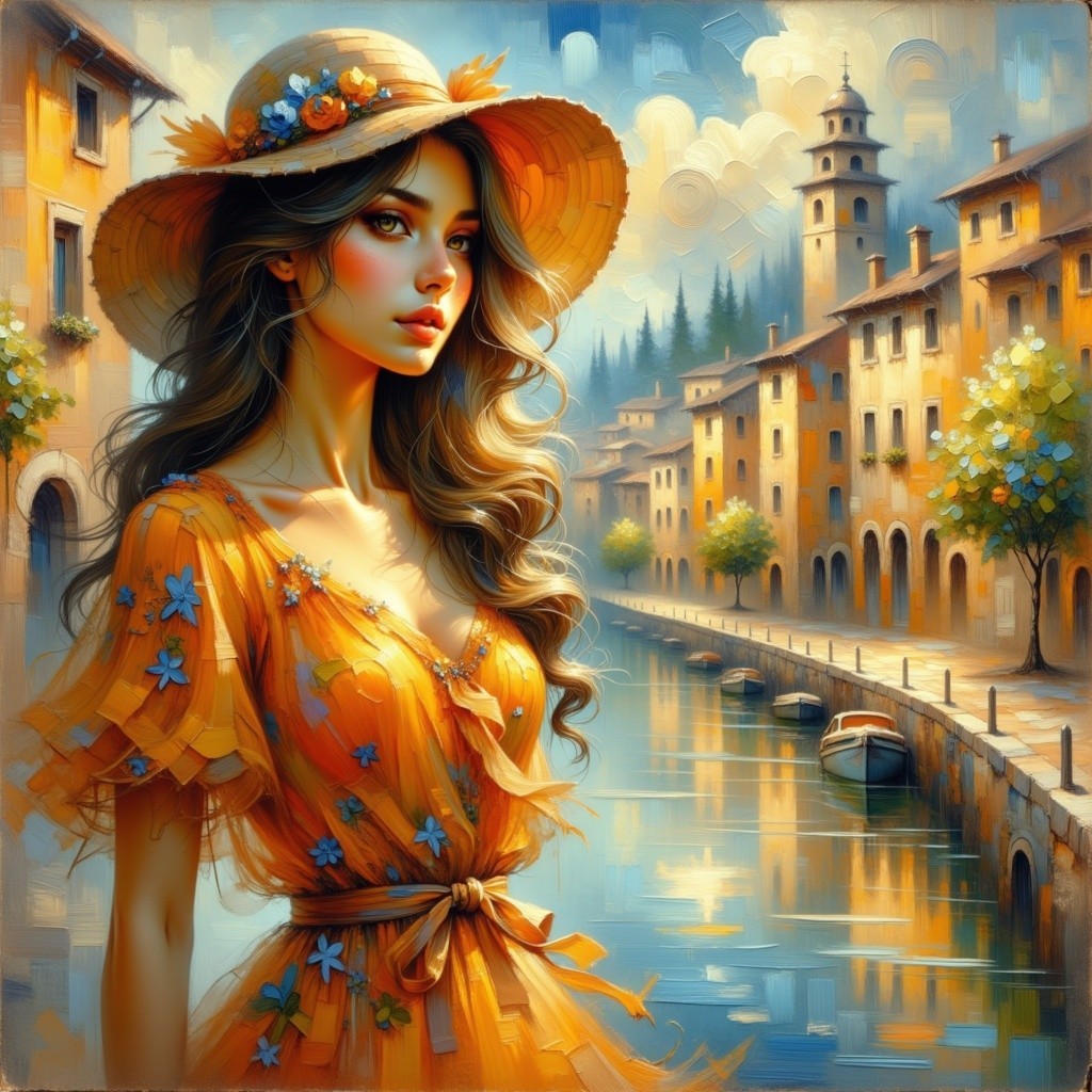 Young Woman in Orange Dress by Serene Canal Scene