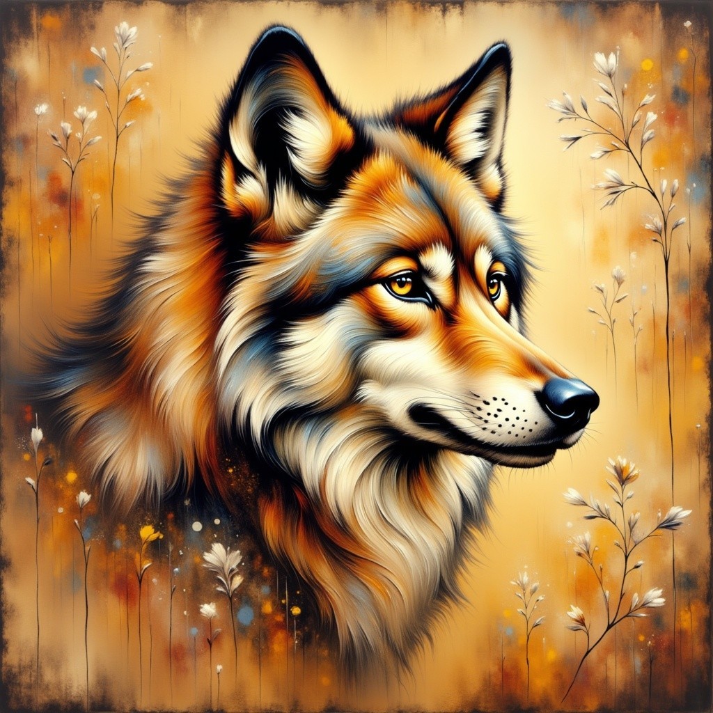 Stylized Portrait of a Wolf with Warm Colors