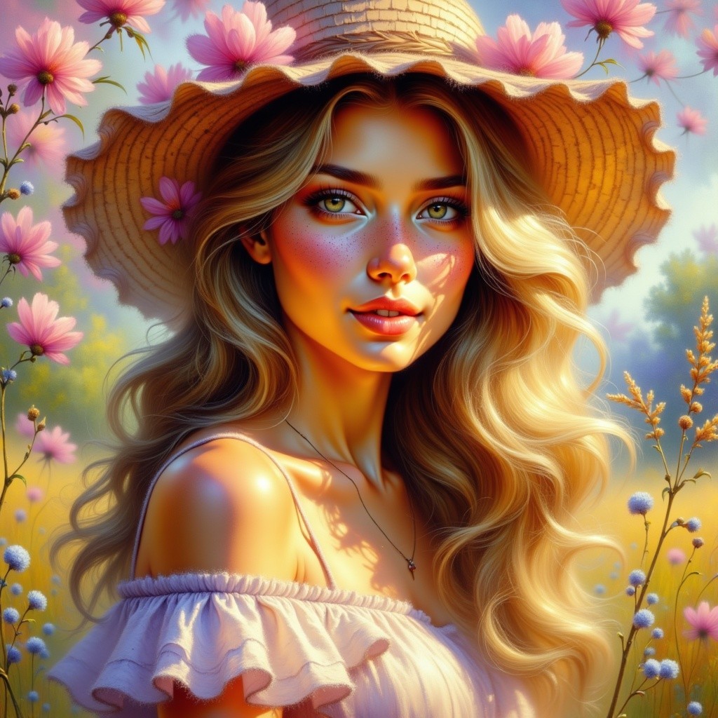 Young woman in sunlit field with blooming wildflowers