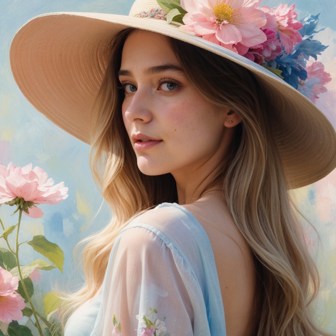 Young Woman in Floral Dress with Straw Hat and Flowers