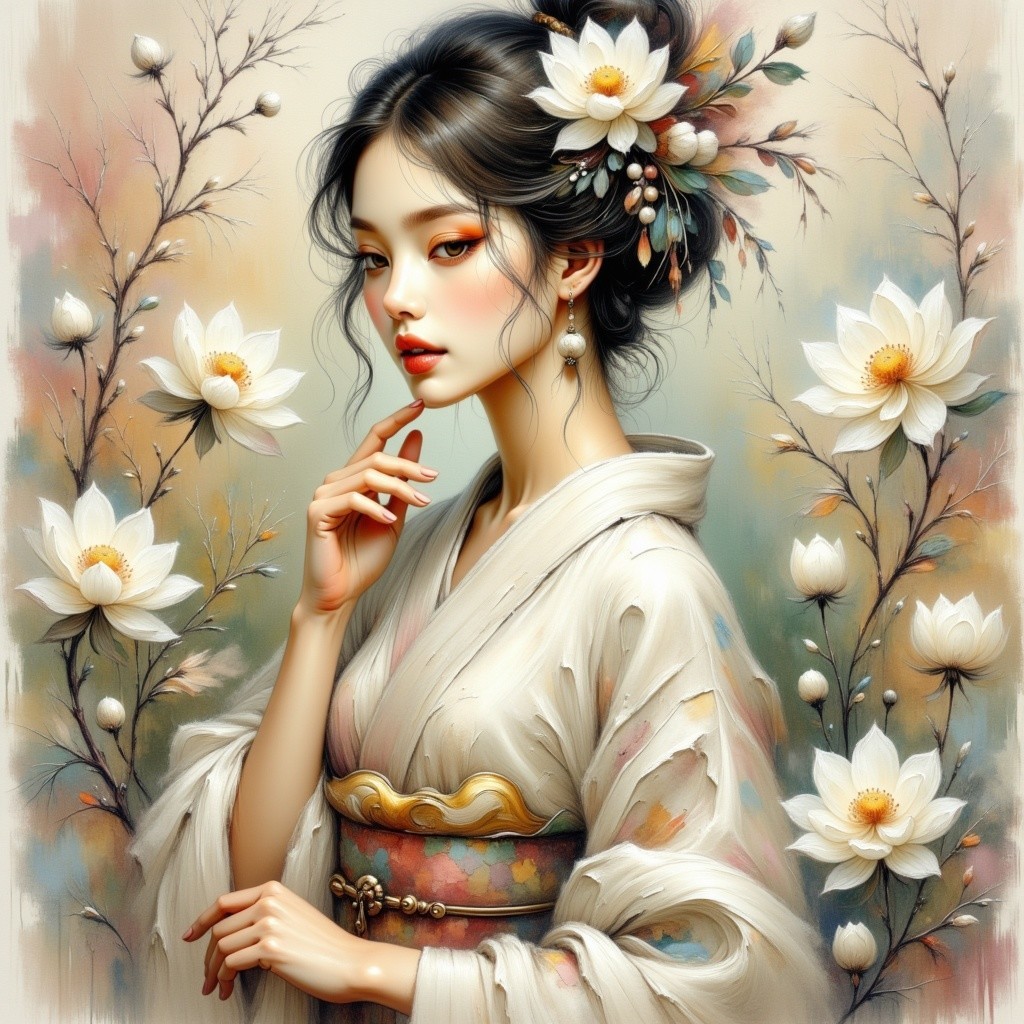 Serene Woman in Kimono Surrounded by Lotus Flowers