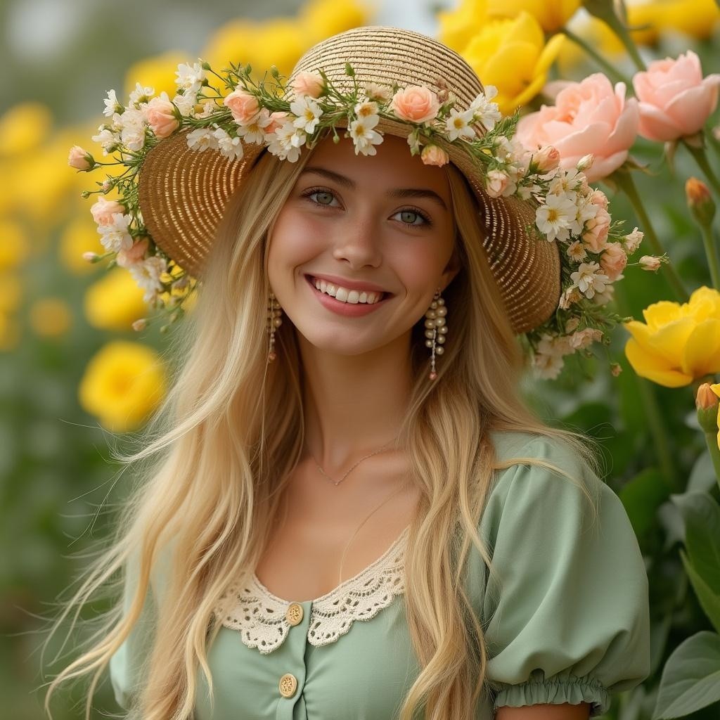 Young woman in garden with flowers and sunlight