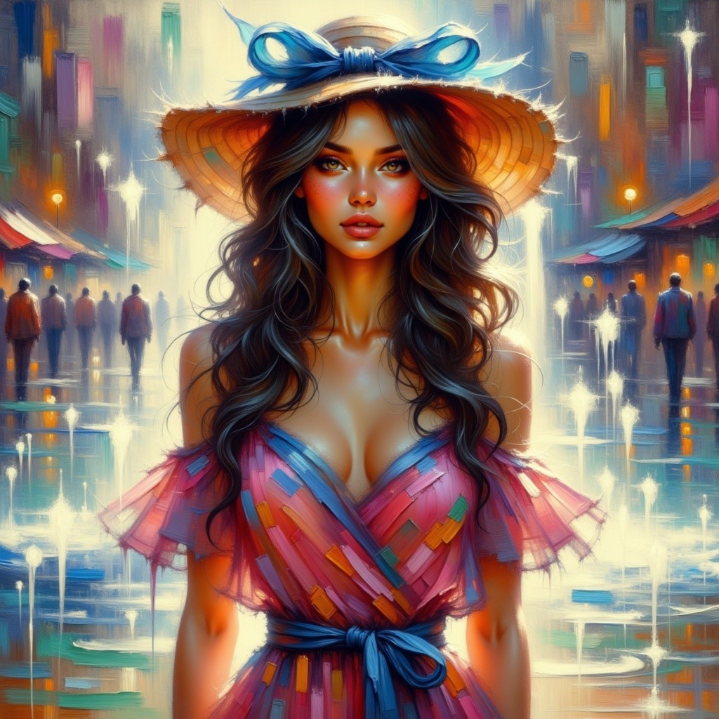 Vibrant Woman in Colorful Dress on Rainy Street