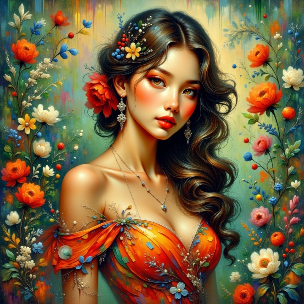 Portrait of a Young Woman in Floral Dress and Jewelry