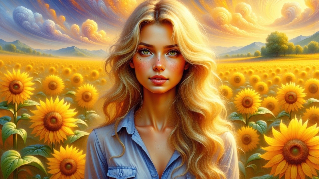 Young Woman in Sunflower Field Under Fluffy Clouds