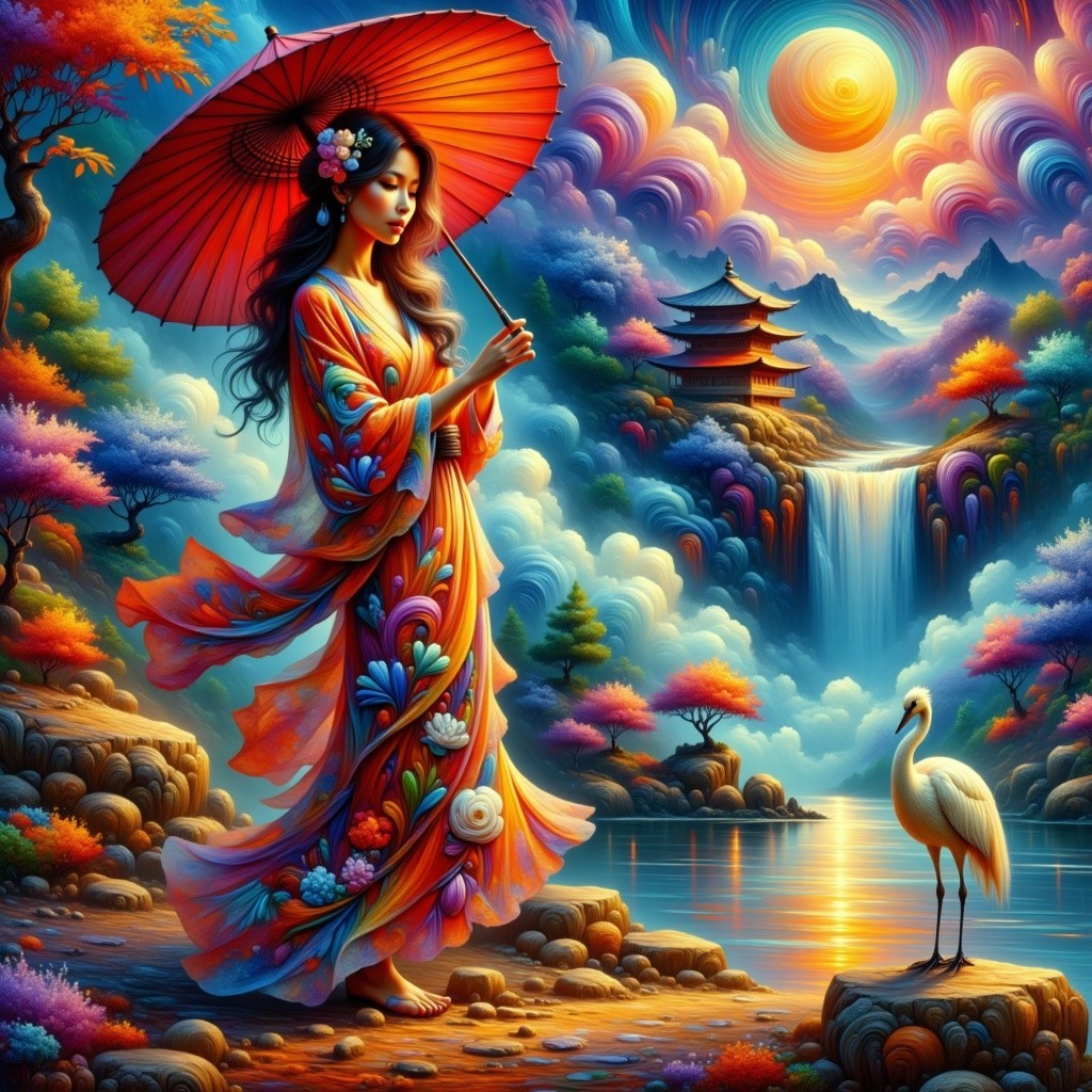Vibrant Scene of Woman in Kimono by Waterfall