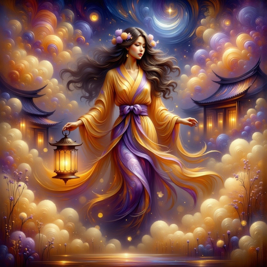 Serene figure in yellow robe in dreamlike landscape