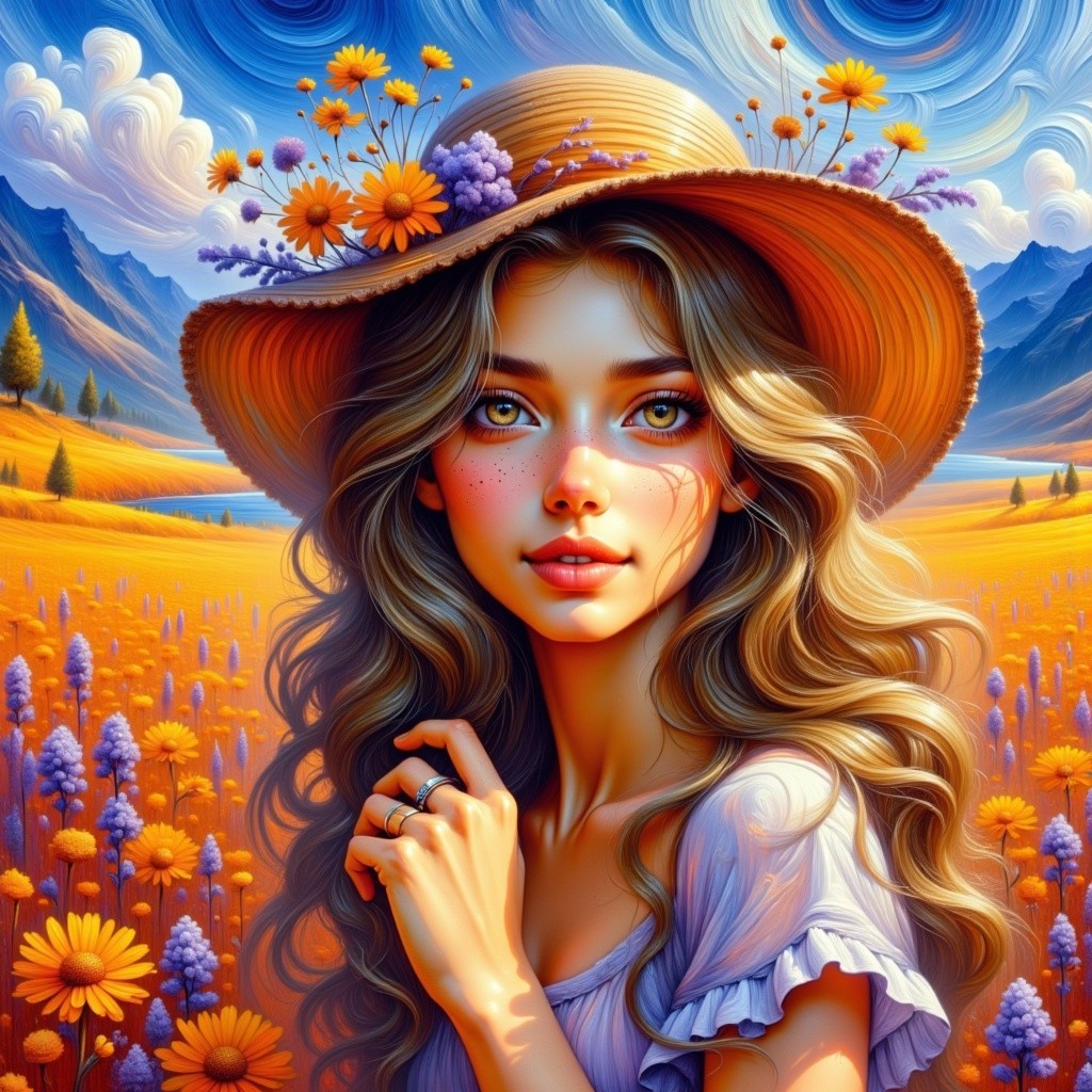 Young woman in floral hat in vibrant landscape