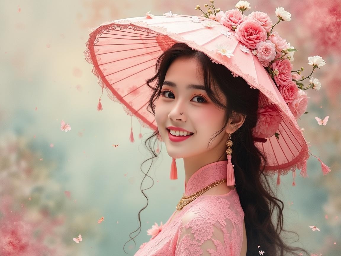 Young Woman in Pink Dress with Floral Parasol and Butterflies