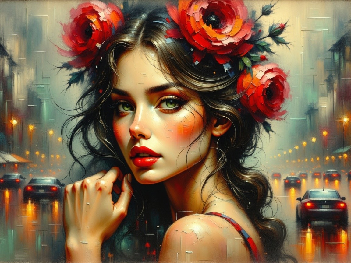 Young Woman with Flowers in Rainy Cityscape