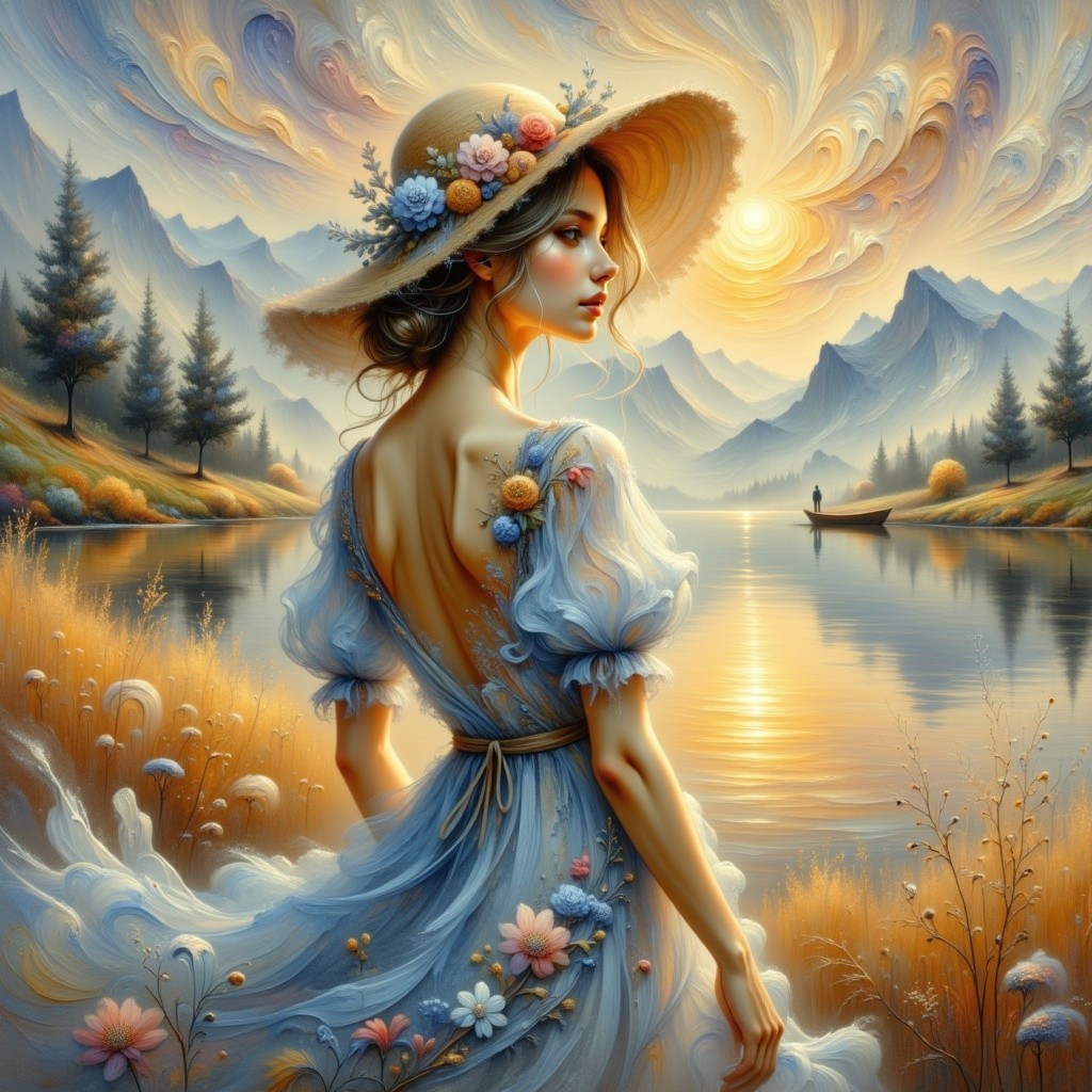 Young woman in blue dress by serene lake at sunset