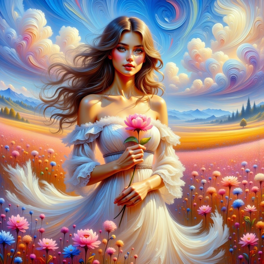 Young woman in a colorful flower field with pink blossom
