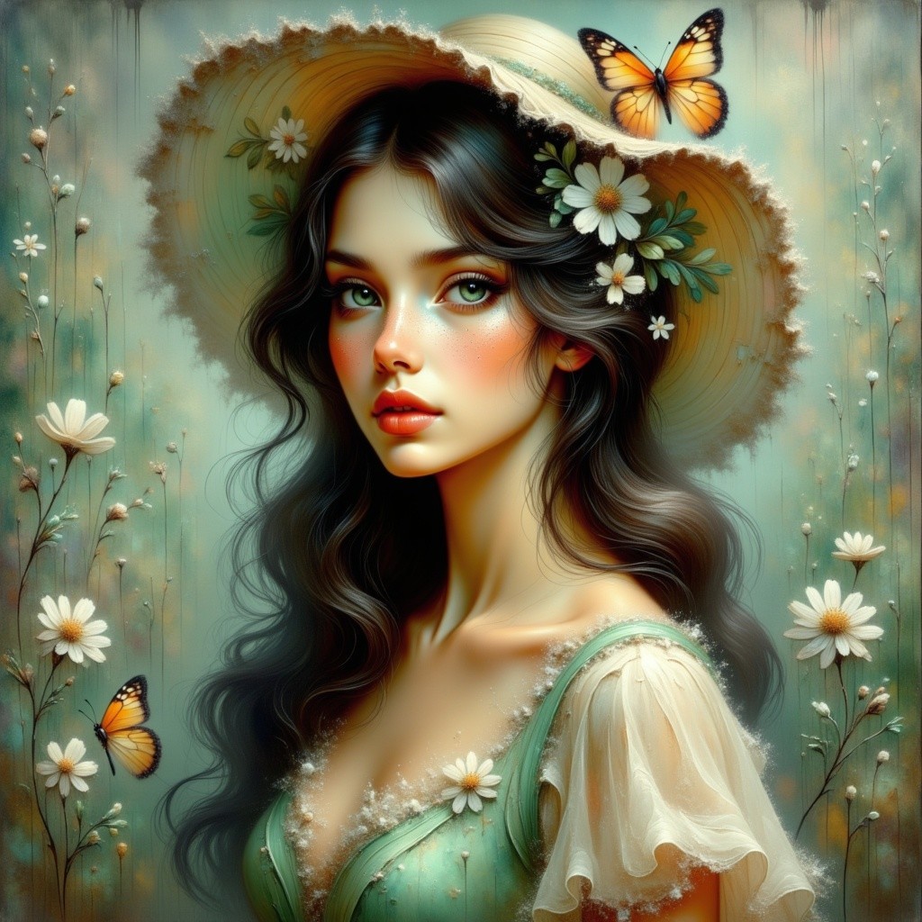 Young Woman in Floral Hat Surrounded by Butterflies