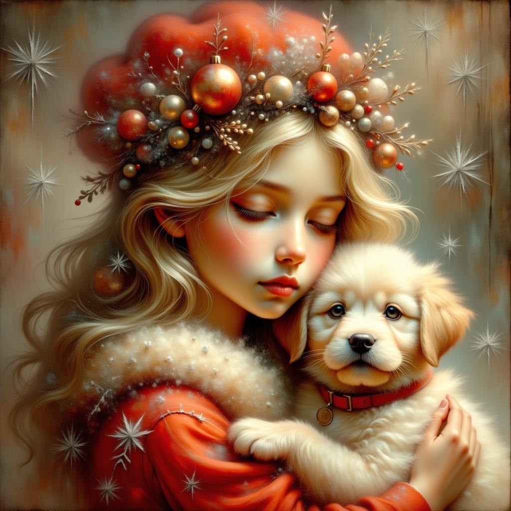Young girl in festive outfit with puppy under stars