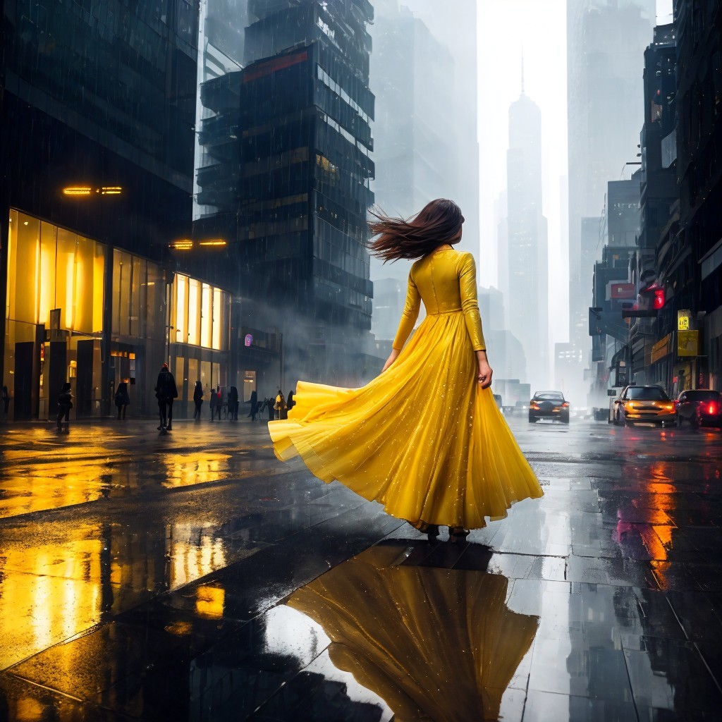 Woman in Yellow Dress on Rainy Urban Street