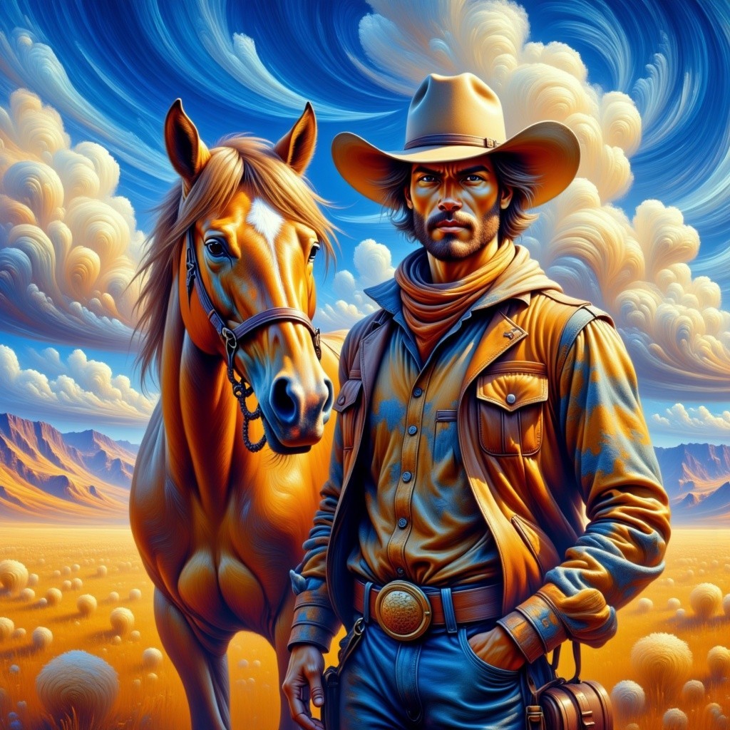 Cowboy and Horse in Vibrant Western Landscape