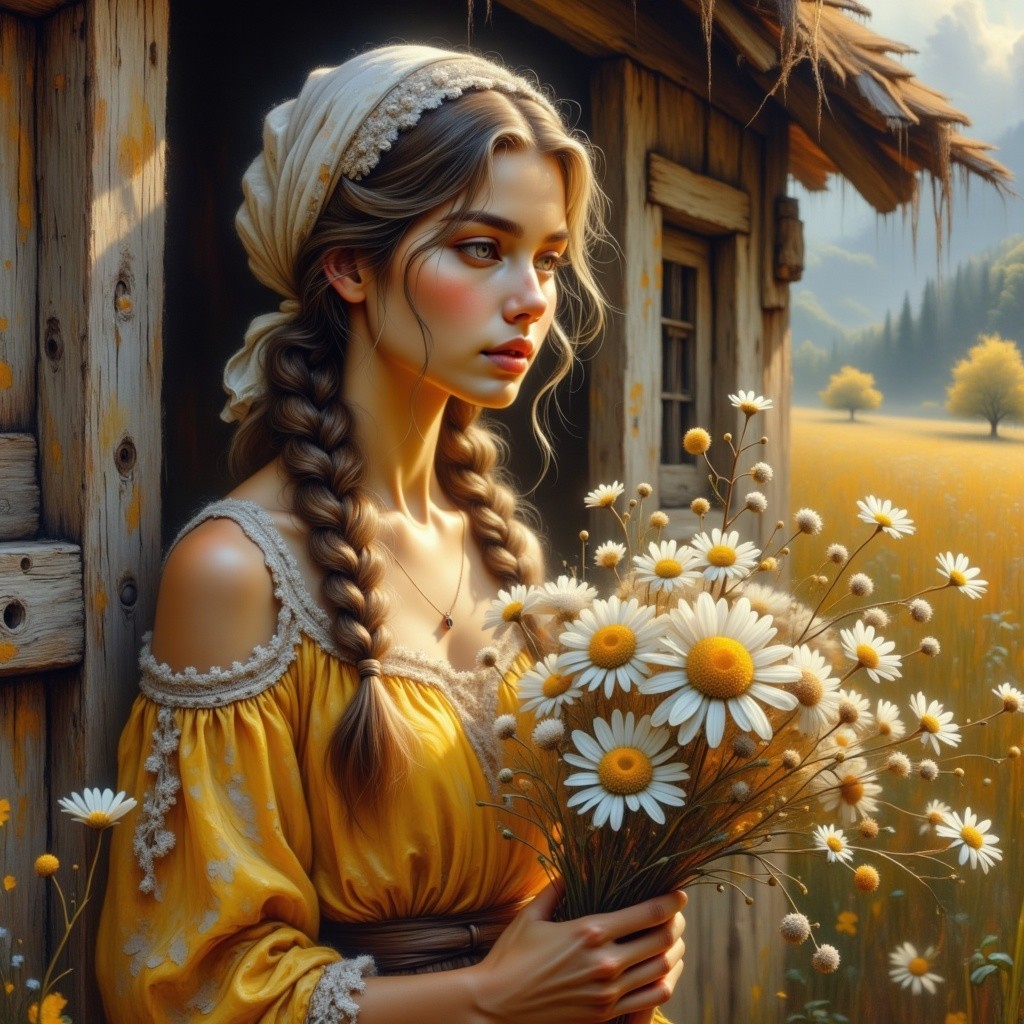Young woman in yellow dress by rustic cabin with daisies