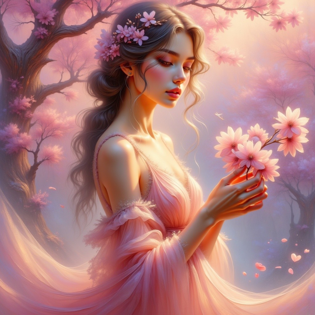 Serene Woman in Flowing Gown Among Pink Trees