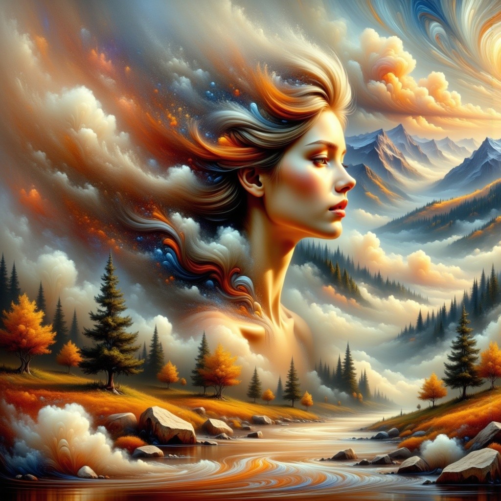 Ethereal Woman's Profile Merging with Vibrant Landscape
