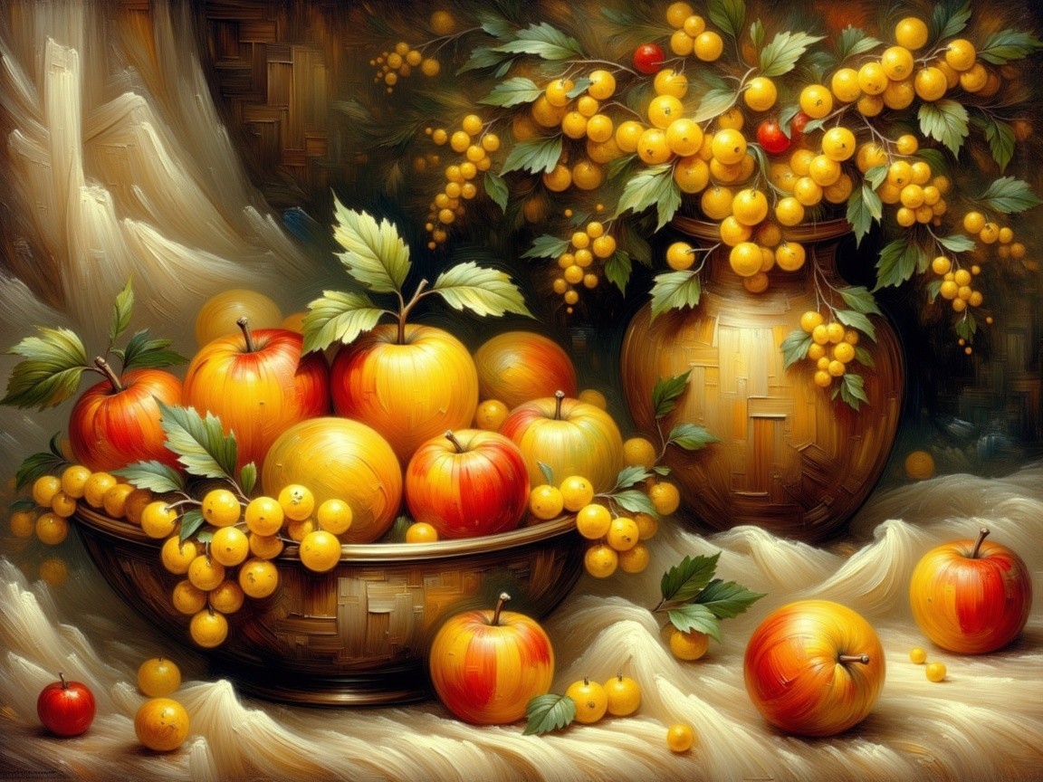 Vibrant Still Life with Apples and Golden Berries