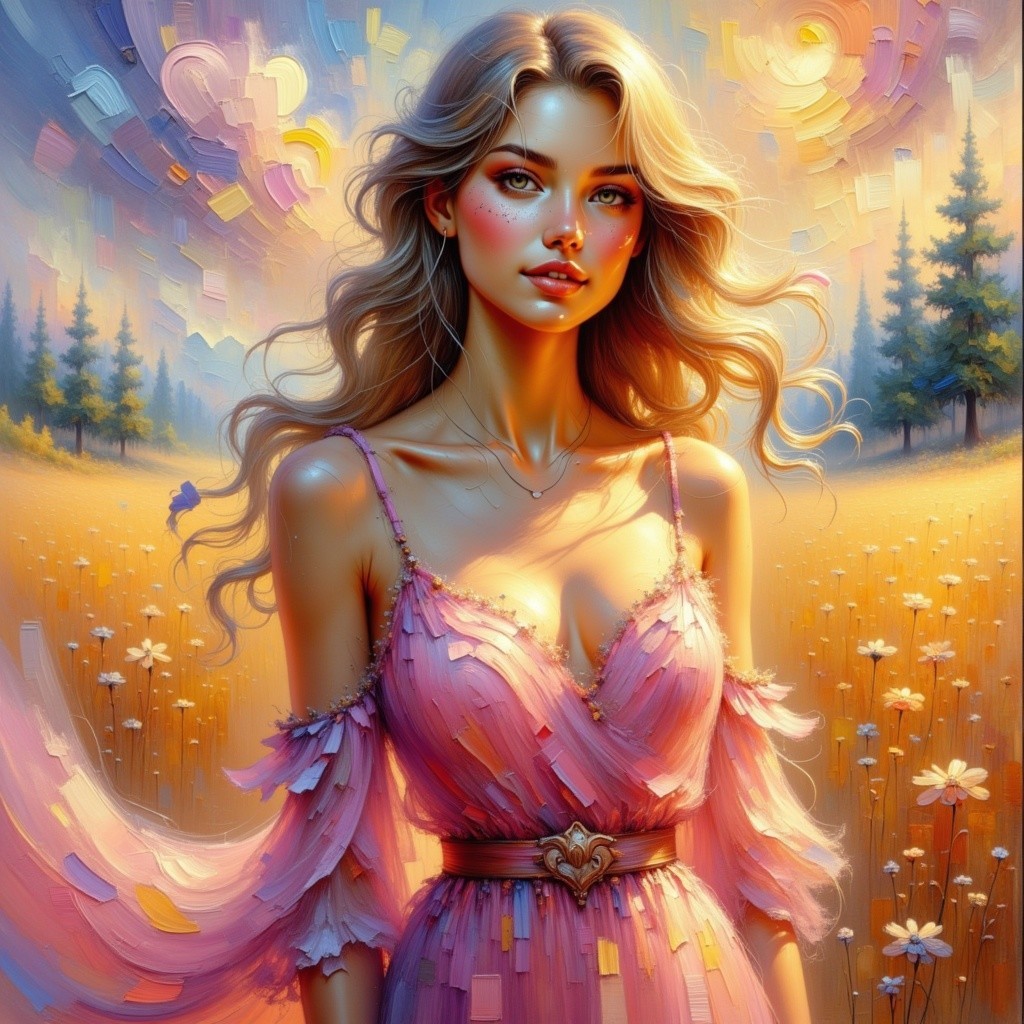 Young woman in a sunlit field with wildflowers