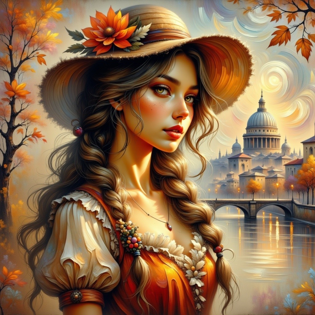 Young Woman in Vintage Outfit by Serene River Scene